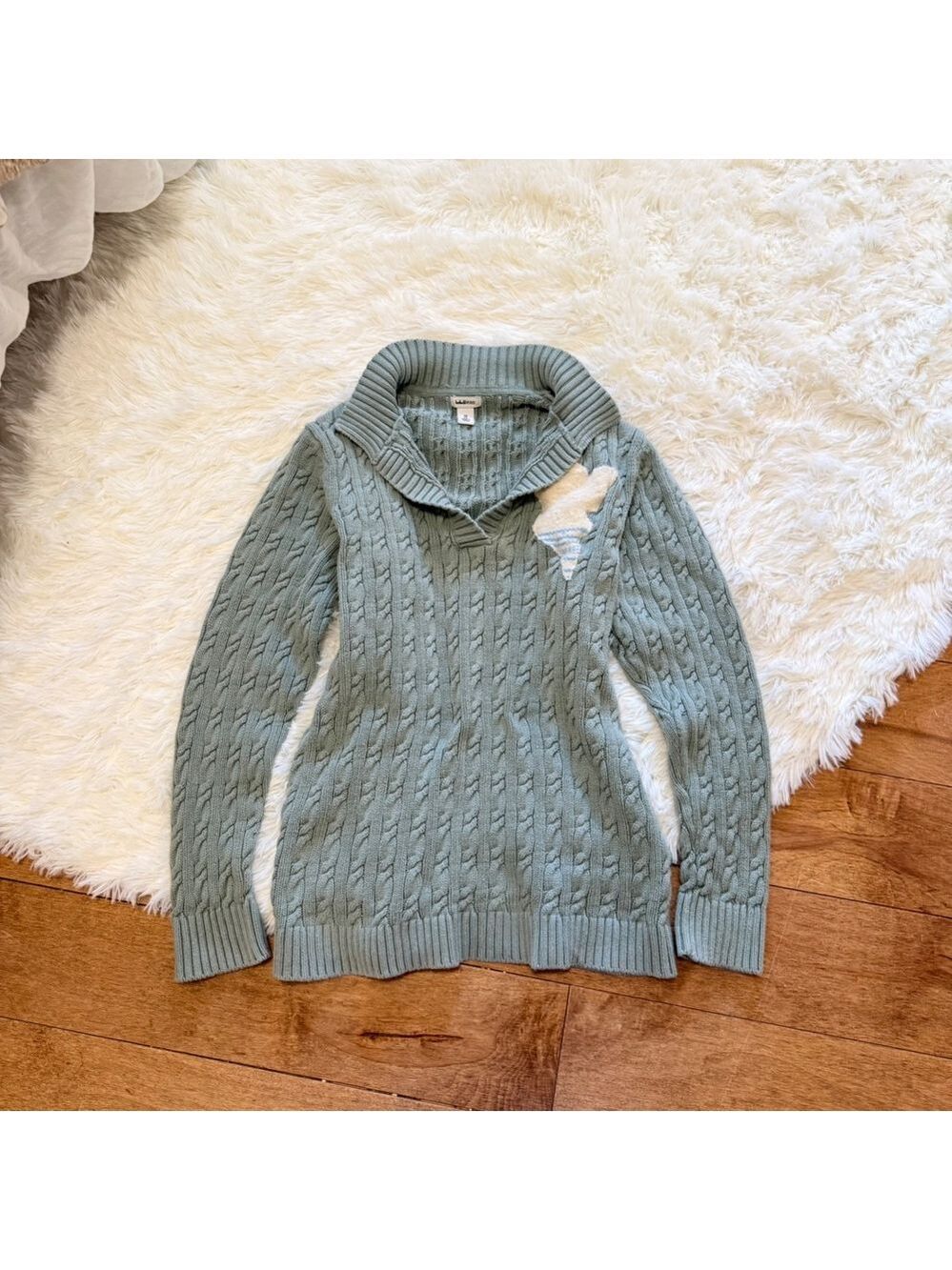 L.L. Bean Sage Green Cable Knit Sweater‎ Maine Patch Women Size M Preppy Vibe